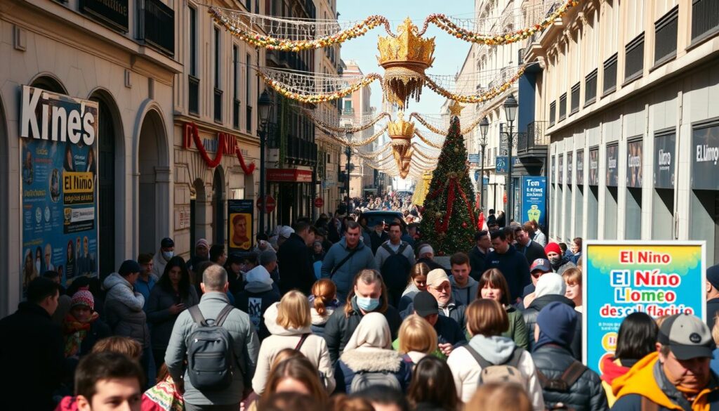 Dreikönigstag Feierlichkeiten in Spanien mit Parade und El Niño Lotto Werbung