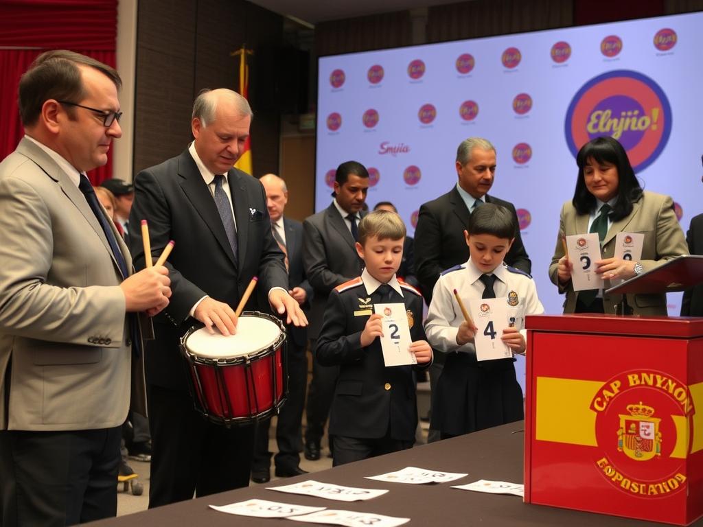 El Niño Lotto Ziehungszeremonie mit traditionellen Trommeln und Kindern, die die Gewinnzahlen ziehen