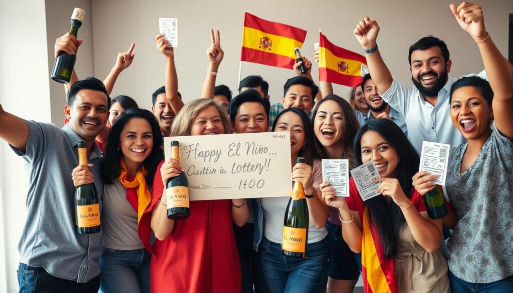 Glückliche Gewinner feiern ihren El Niño Lotto Gewinn mit Champagner und spanischer Flagge