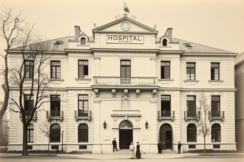 Historisches Bild des Hospital Niño Jesús in Madrid, das durch die erste El Niño Lotterie finanziert wurde