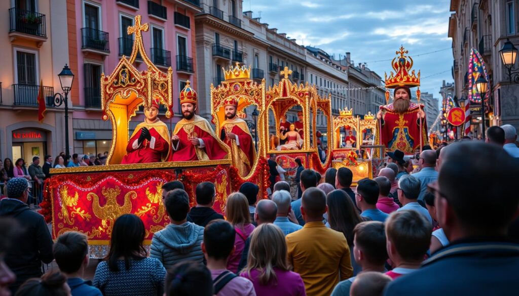 Traditionelle Dreikönigstag Parade in Spanien mit festlich geschmückten Wagen und Menschenmenge